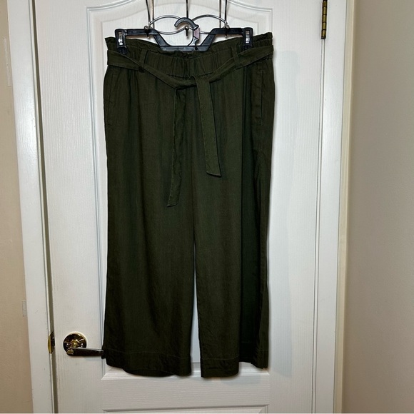 Pants - J.Jill Olive Green Linen Blend Wide Leg Paperbag Waist Tie Detail Pants Size L